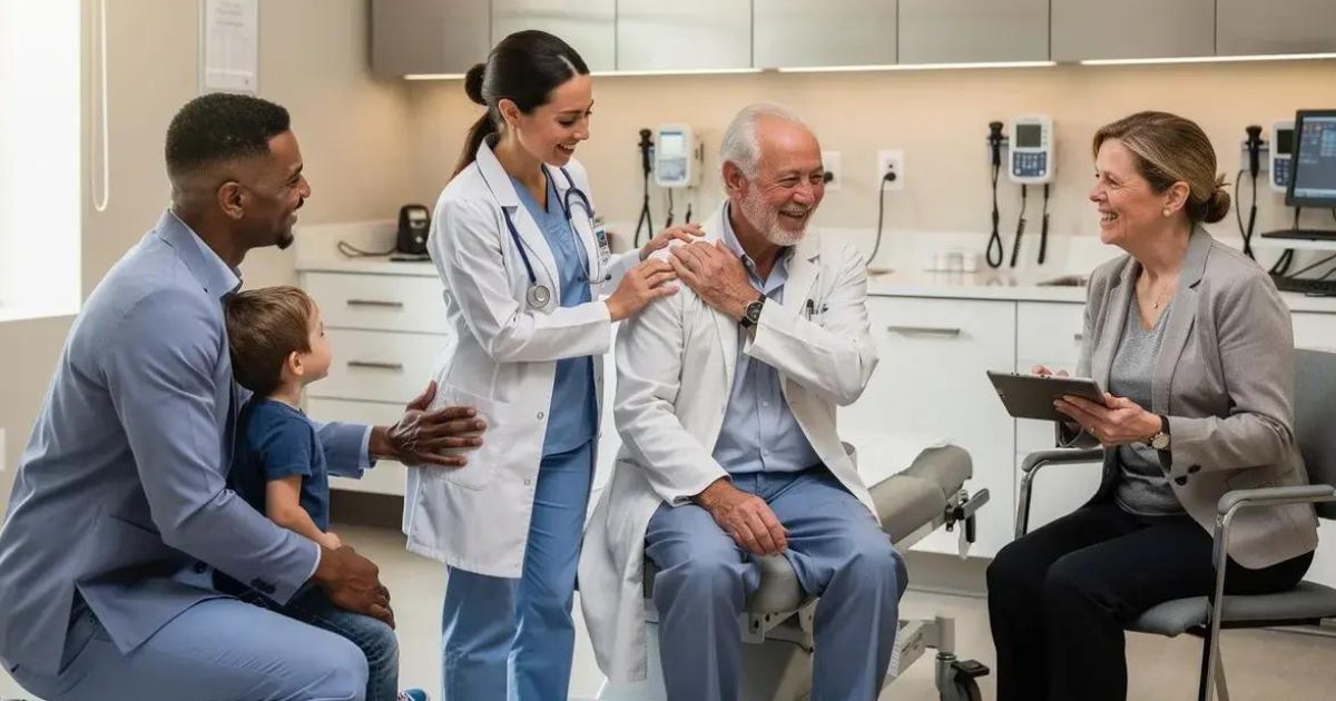 Primary care physician consulting patients in a healthcare clinic