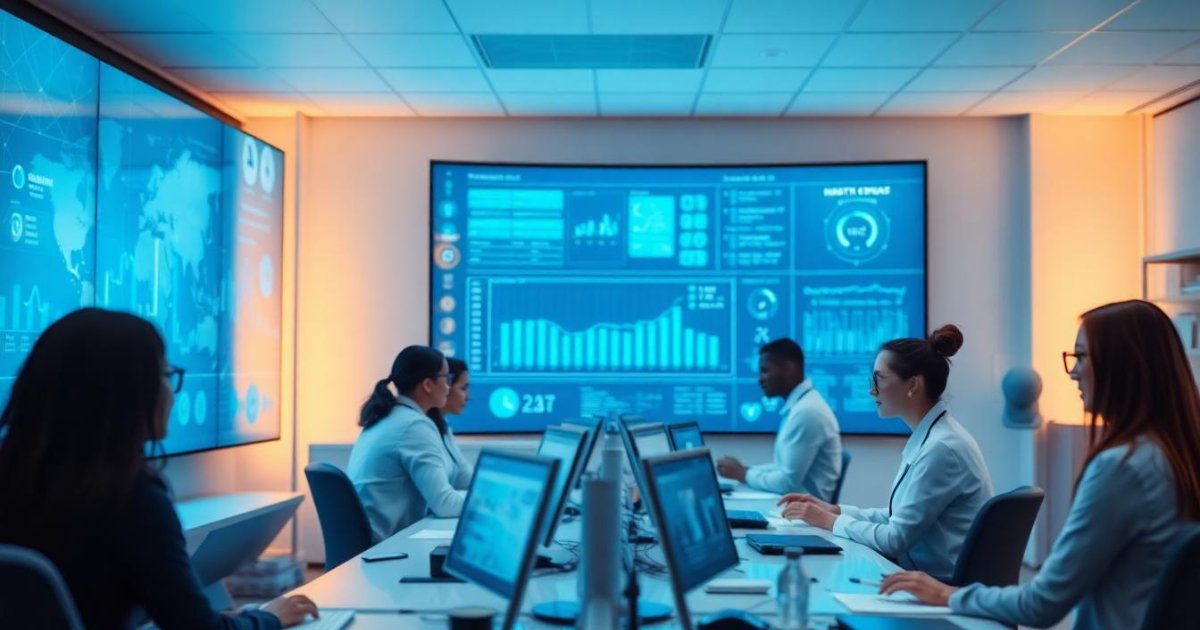 Public healthcare professionals collaborating on healthcare management and digital health systems